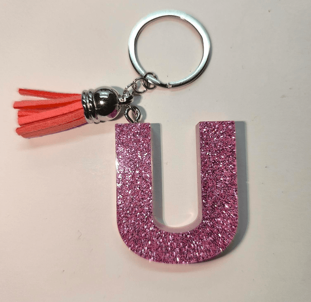 Porte clés initiale &quot;U&quot; rose pailletté 