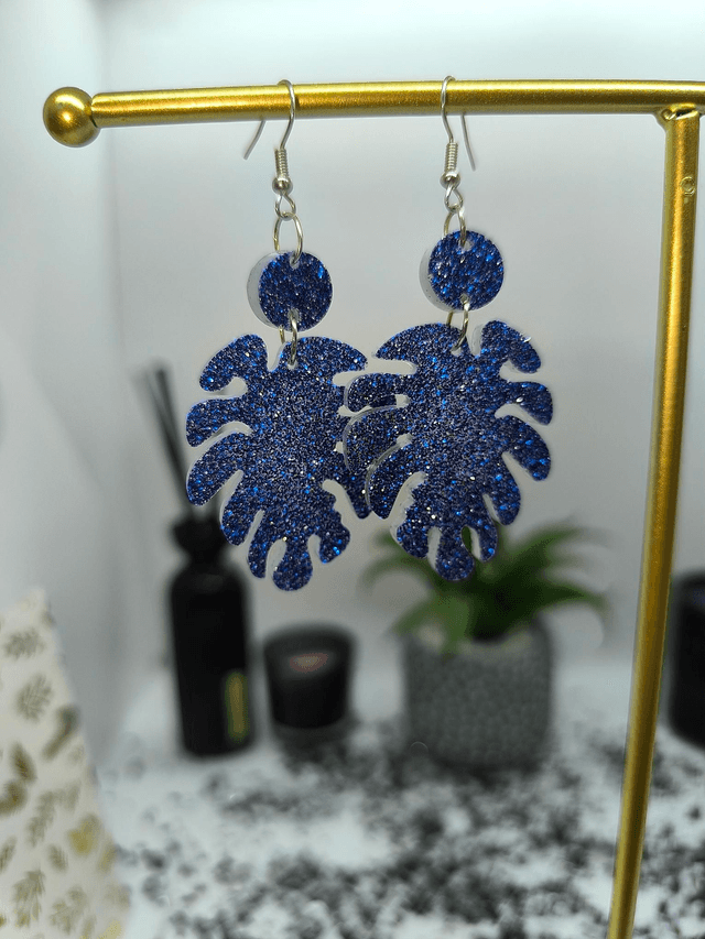 Boucles d&#039;oreilles feuilles pendante bleu pailletté nuit 