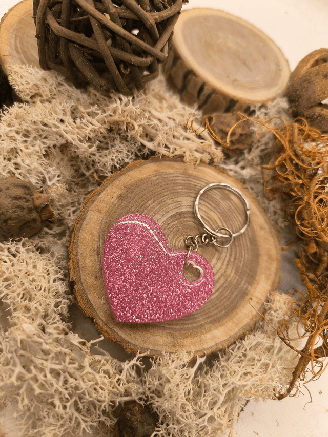 Porte clés coeur rose pailletté 
